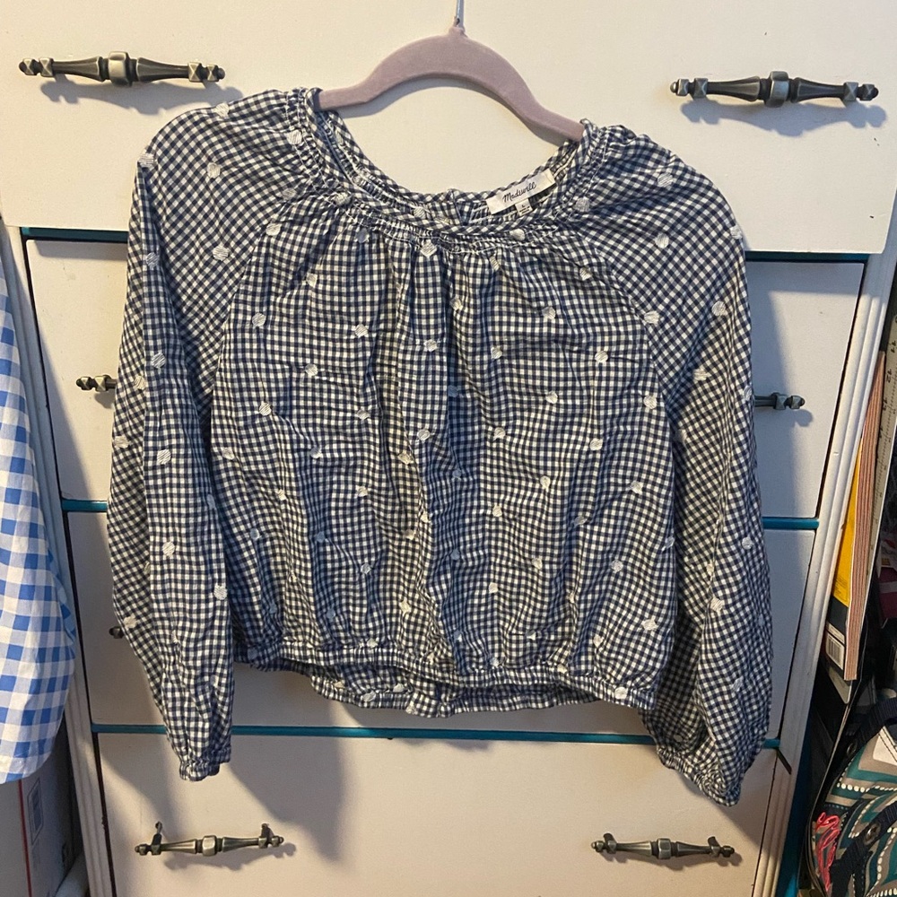 Madewell Blue and White Cropped Gingham Blouse